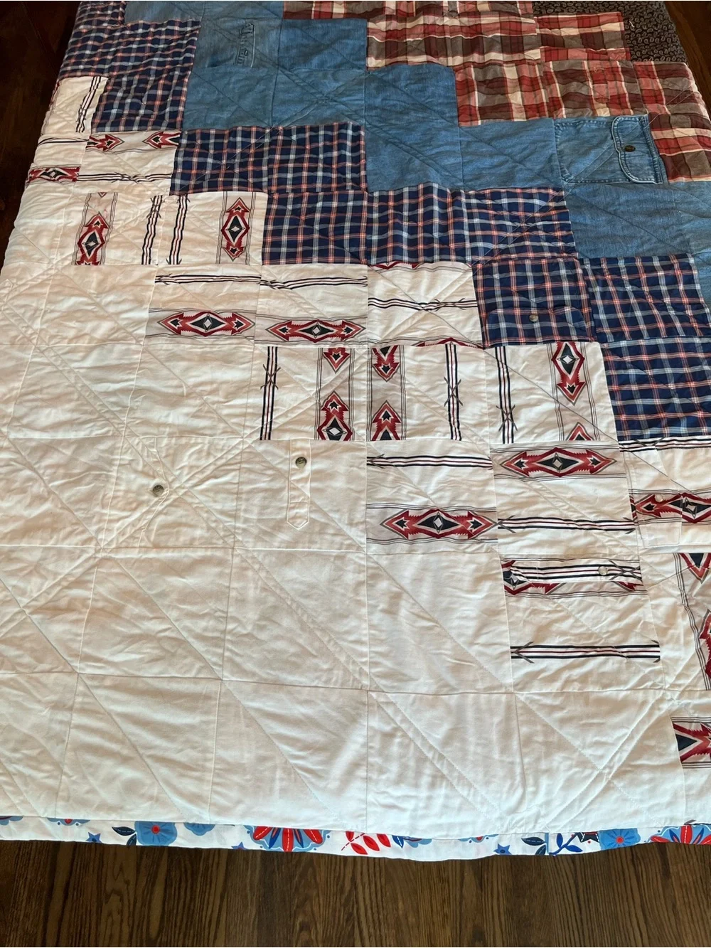 Handmade Western Shirt Patchwork Quilt Rustic Denim Plaid Memory Quilt
